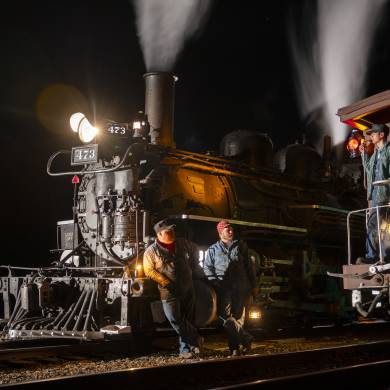 Durango and Silverton Narrow Gauge Railroad Train at Night during Fall