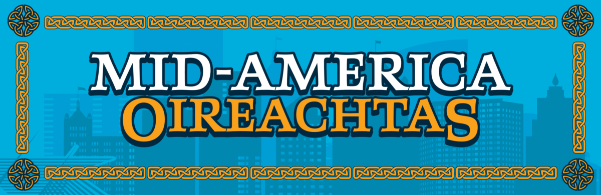 Mid-America Oireachtas logo with stylized Celtic border and a blue city skyline in the background.