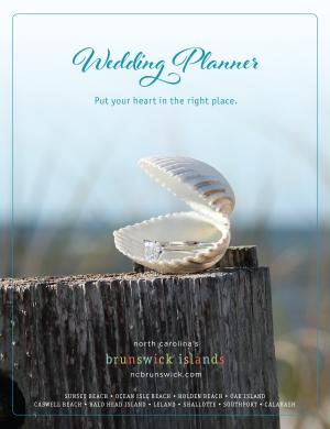 Cover of NC's Brunswick Islands Wedding Guide includes wedding ring on beach post