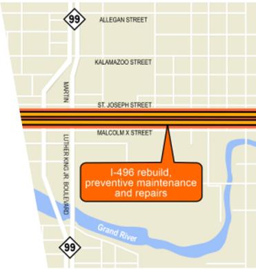 Map of I-496 and where the Rebuild will occur