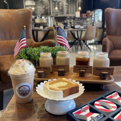 iced latte flight, frozen coffee and pumpkin swirl bread at American Coffee & Tea
