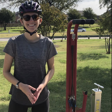 Stevie at the bike repair station at Beaver's Bend