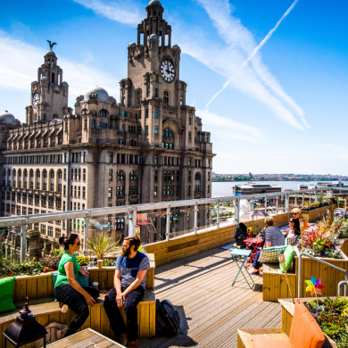 Goodness gracious' rooftop with a view of the Liver building and the river mersey.