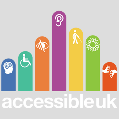 Accessible UK logo with seven columns all in different colours, starting from the left which is blue, turquoise, orange, purple, yellow, green and red.