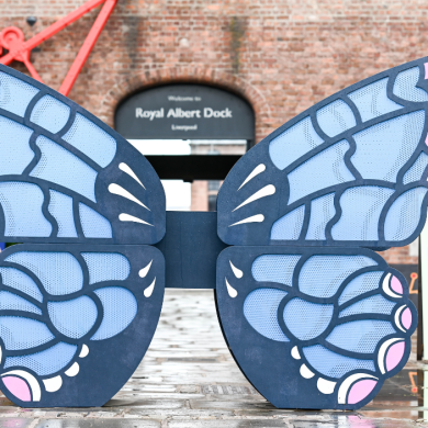 A large butterfly installation at Royal Albert Dock