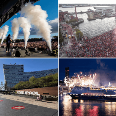 Four photos of events in Liverpool including a music festival, Liverpool FC football parade, Liverpool ONE with stars on the floor and a Cunard Cruise Ship on the Mersey.
