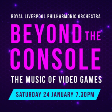 A graphic that says 'Beyond The Console' in pink and underneath says 'The Music of Video Games'. The background is purple with line drawings of consoles.