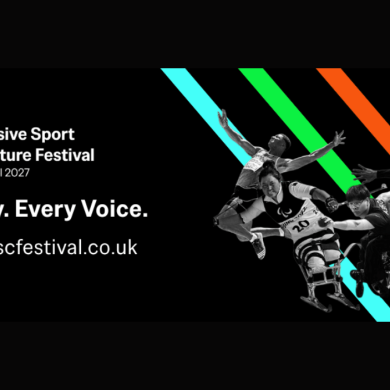 A black background with white text that says 'Inclusive Sport & Culture Festival' 'Every Body. Every Voice.' 'May 2027'. There are black and white photos of people doing sporting activities.
