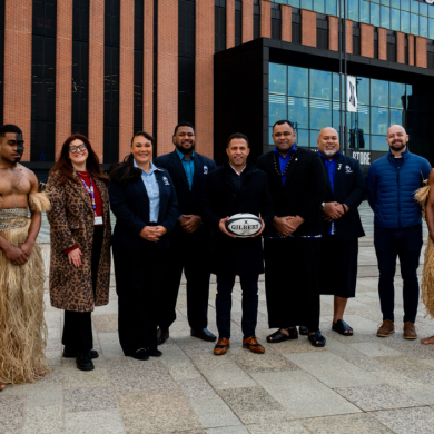An image of people standing outside Hill Dickinson Stadium with Fiji rugby players. 
The players pictured are: 
Fiji’s Rugby Union Director Lailanie Burnes.
Fiji (47 caps) and Saracens prop Eroni Mawi.
Former England dual-code international Jason Robinson.
Former Fiji international captain and Gloucester flanker Akapusi Qera.