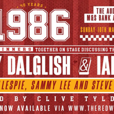 Promotional graphic with a red textured background advertising a live football event. Large text reads “1986 – 40 Years.” The poster announces Kenny Dalglish and Ian Rush appearing together on stage to discuss the historic double‑winning season. Additional guests listed are Gary Gillespie, Sammy Lee and Steve McMahon. Hosted by Clive Tyldesley. Event details: Sunday 10th May 2026, 7pm, at The Auditorium at M&S Bank Arena Liverpool. Presented by The Red Weekender, with ticket information at theredweekender.com.