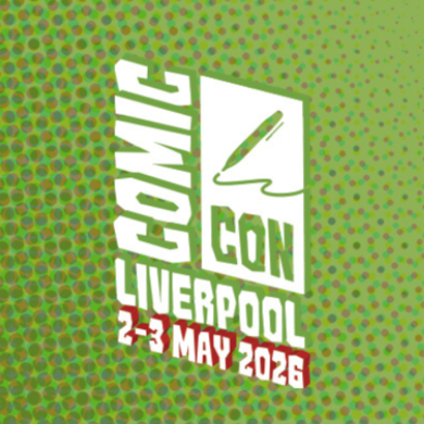 Green graphic background with a halftone dot pattern, featuring a large white Comic Con Liverpool logo with a stylised pen nib icon, and bold text reading “Liverpool 2–3 May 2026.”