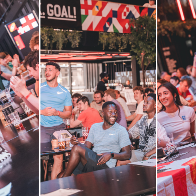 Three-panel collage showing a busy indoor venue with groups of people seated at long tables watching a live football match on large screens. Drinks and food are visible on the tables, with sports-themed décor, hanging greenery, and illuminated signage in the background. Several people wear football shirts, and the setting appears lively and social.