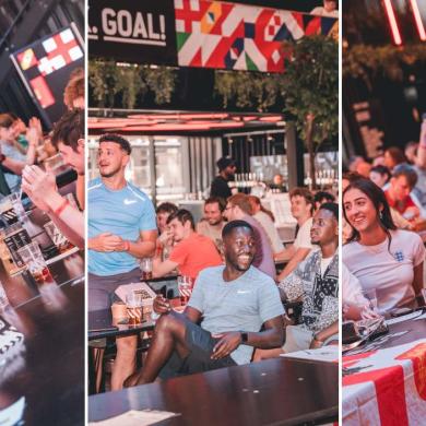 Three side-by-side images of a lively indoor bar or fan zone where groups of people sit at long tables with drinks, watching a sports event on screens. The crowd reacts animatedly, with several individuals raising hands or leaning forward. Large signage includes the word “GOAL!”, and some attendees wear sports jerseys and hold flags, suggesting a football match atmosphere under bright, neon-style lighting.