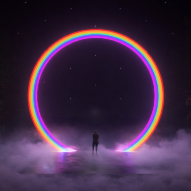 A large light installation that is a ring of rainbow light with a dark background and smoke across the floor.