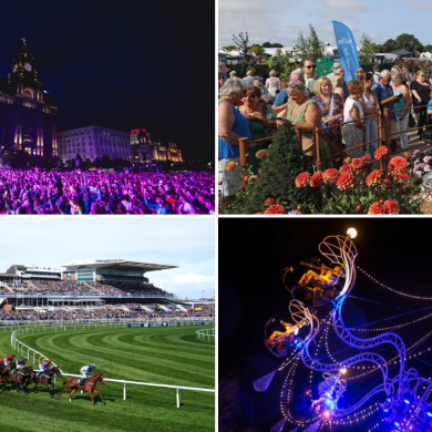 Four images in a grid which feature a music festival on Liverpool's Pier head with a large crowd of people at night, a group of people at Southport Flower Show looking at a display of flowers, Aintree Racecourse with a group of horses running on the course and a large light installation of a chandelier.