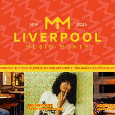 A graphic with three images of people on the bottom advertising different concerts. The top half is an orange background with yellow text that says 'Liverpool Music Month'.
