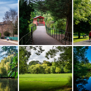 Six‑image collage showcasing Birkenhead Park, including the park’s historic stone entrance arch, a red footbridge over a path, people walking and jogging along tree‑lined routes, a lakeside pavilion reflected in calm water, wide open green lawns with mature trees, and peaceful parkland under blue skies.