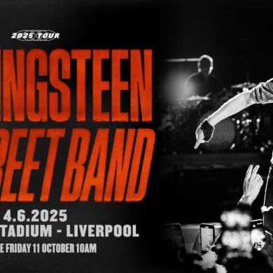 A photo of Bruce Springsteen in black and white with 'Springsteen E Street Band' in red text.
