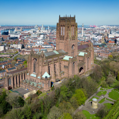 drone shot of Liverpool Cathedral and city centre