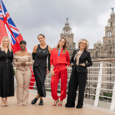 Four people including, Melanie C, Katarina Johnson-Thompson, Ngunan Abamu, Natalie Haywood, Jayne Casey on the Cunard Queen Anne.