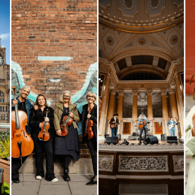 Four photos of musicians at different locations in Liverpool.