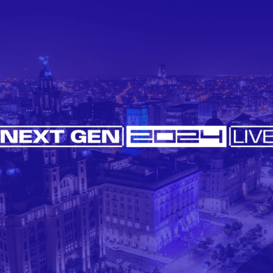 A photo of Liverpool skyline with a purple filter over it and FIFAe Next Gen 2024