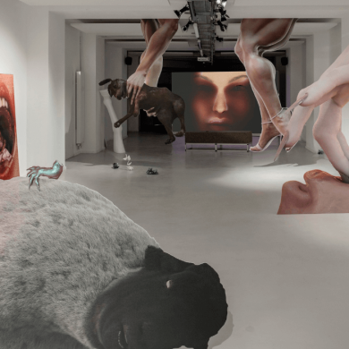 An artwork in a gallery that has image of sheep, legs and a mouth in the gallery space. Bassam Issa Al-Sabah, Jennifer Mehigan, Uncensored Lilac, transmediale 2024. Courtesy the artist. Photo by Luca Girardini.