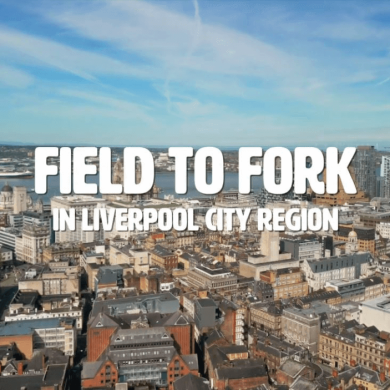 A shot of Liverpool from a drone with 'Field To Fork in Liverpool City Region' in white text.