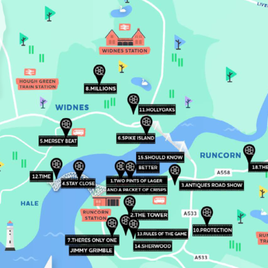 A graphic map of Halton plotting points of filming locations