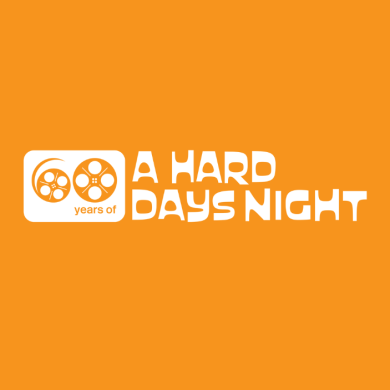 An orange background with A hard Days Night in white writing