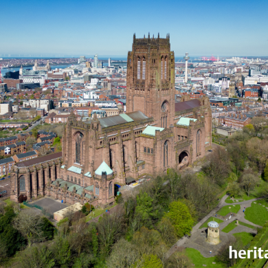 An aerial view of Liverpool Cathedral with the Heritage Open Days logo in the corner.