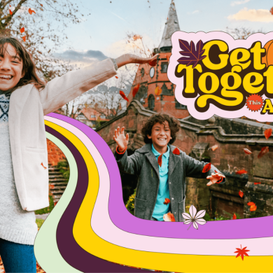 Two kids looking at the camera and smiling brightly with autumn leaves falling around them. The text says 'Get Together This Autumn'.