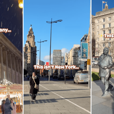 Three photos of places in Liverpool including the Christmas Markets, The Strand and The Beatles statue.