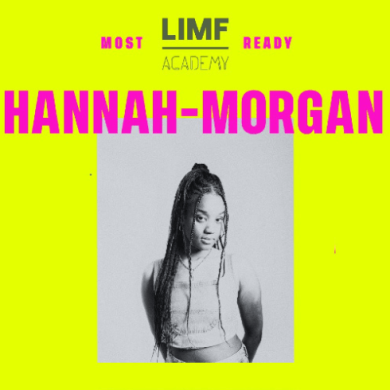A yellow background with a black and white photo of a person with Hannah Morgan written in pink writing.