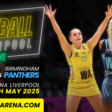 A poster for the Manchester Thunder vs Birmingham Panthers Netball game in Liverpool.