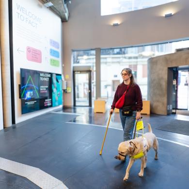 A person walking with a guide dog in a venue.