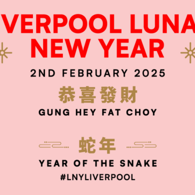 A grpahic of the 2025 Lunar New Year Celebrations of the Year of the Snake in Liverpool. It is pink and features two illustrations of red snakes.