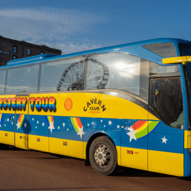 The blue and yellow magical mystery tour coach