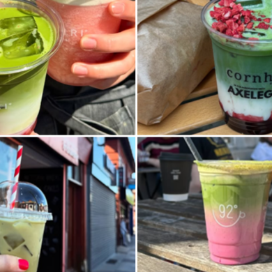 4 photos of iced matcha from different coffe shops in Liverpool (tsujiri, Cornhill, Bean there, 92 degrees)