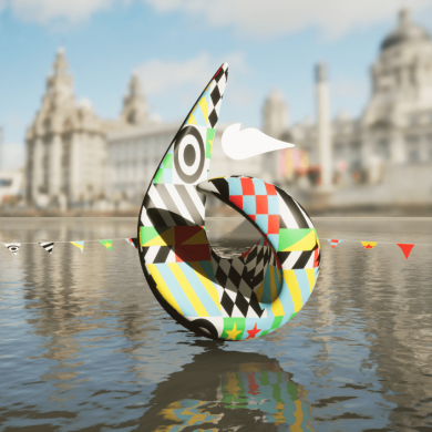 The shape of a number 6 with dazzle ferry branding on and Liverpool Pier Head in the background