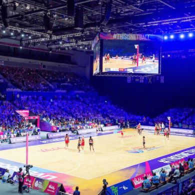 Inside the M&S Bank Arena with the Netball World Cup set up.