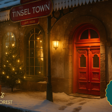 A photo of a red door with a christmas tree beside it and a sign above saying Tinsel Town. It says Santa's Secret Garden in the corner.