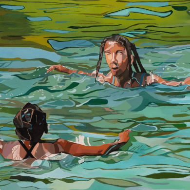 A painting of people in a body of water.