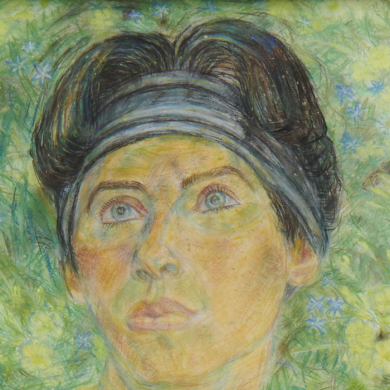 Painted portrait of a person with short dark hair and a headband, shown from the shoulders up, gazing upward against a green background filled with yellow flowers and small blue star-shaped blooms.
