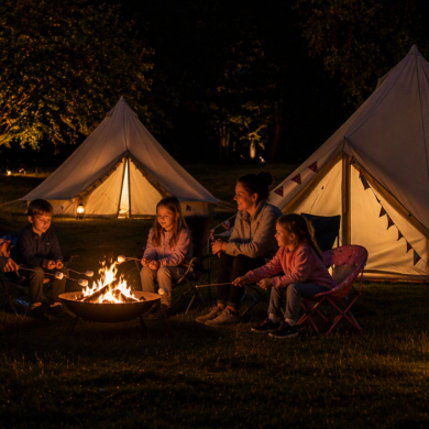 Five people sit around a small campfire at night, roasting marshmallows on sticks in front of two illuminated canvas bell tents. Lanterns and warm lighting from the tents and surrounding trees create a cosy campsite atmosphere, with grass and woodland visible in the background.