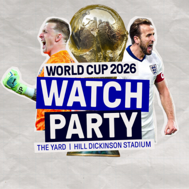 Promotional graphic for a “World Cup 2026 Watch Party.” A large gold World Cup trophy is centered behind two football players in national team kits, one in orange on the left and one in white on the right. Bold blue and white text reads “WORLD CUP 2026 WATCH PARTY,” with smaller text below stating “THE YARD | HILL DICKINSON STADIUM.” The design is set against a light textured background with a subtle grid pattern.