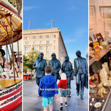 Three photos in a row, one of someone on a carousel, one of two children walking towards a statue of The Beatles, one of an adult and a child looking at an exhibition.