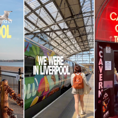 Three photos in a grid next to each other, one is of a person wearing a yellow jacket in front of a river. The other is of a person walking next to a train at a platform and another is of a person wearing the same yellow jacket pointing at a sign that is glowing red saying, The Cavern Club.