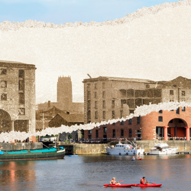 A photo of the Royal Albert Dock in Liverpool, half of the photo is of today and the other half is from how it orriginally looked.
