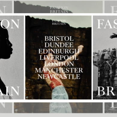 Promotional collage for Fashion Britain featuring three editorial-style panels in a monochrome and muted colour palette. The left panel shows a side-profile portrait against a light background with the words “FASHION” and “BRITAIN.” The centre panel shows a person outdoors in front of rocky cliffs, overlaid with the text “Fashion Britain” and a list of cities: Bristol, Dundee, Edinburgh, Liverpool, London, Manchester and Newcastle, with “September” at the bottom. The right panel shows a person standing with arms outstretched in front of an industrial structure, also framed by the words “FASHION” and “BRITAIN.” The background repeats faded versions of the same imagery, creating a layered magazine-cover effect.